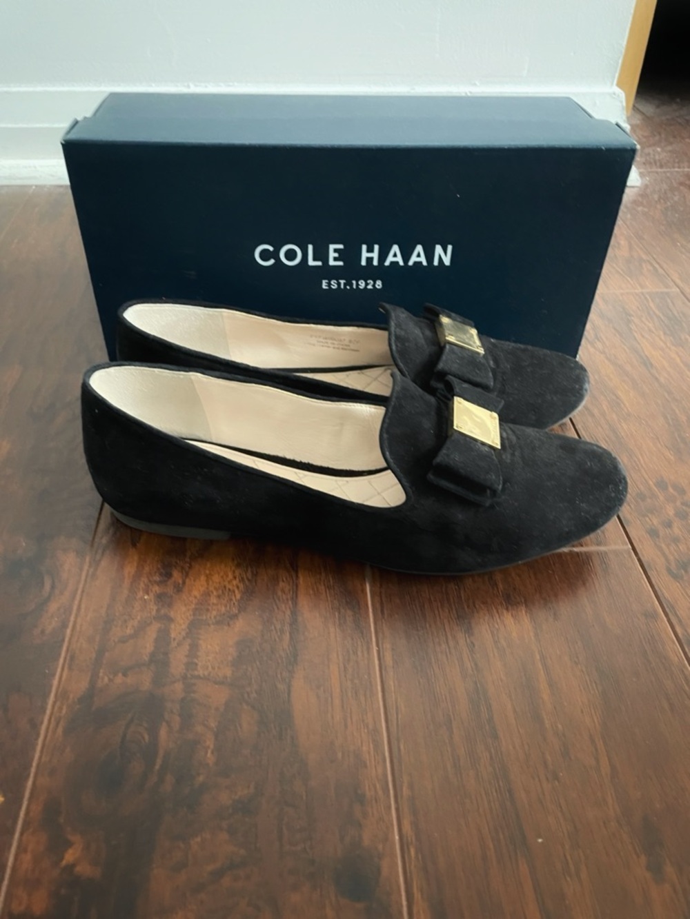 Cole Haan Black Suede Tali Bow Loafers Gold Details - Size 6.5 - OG Box & Tissue